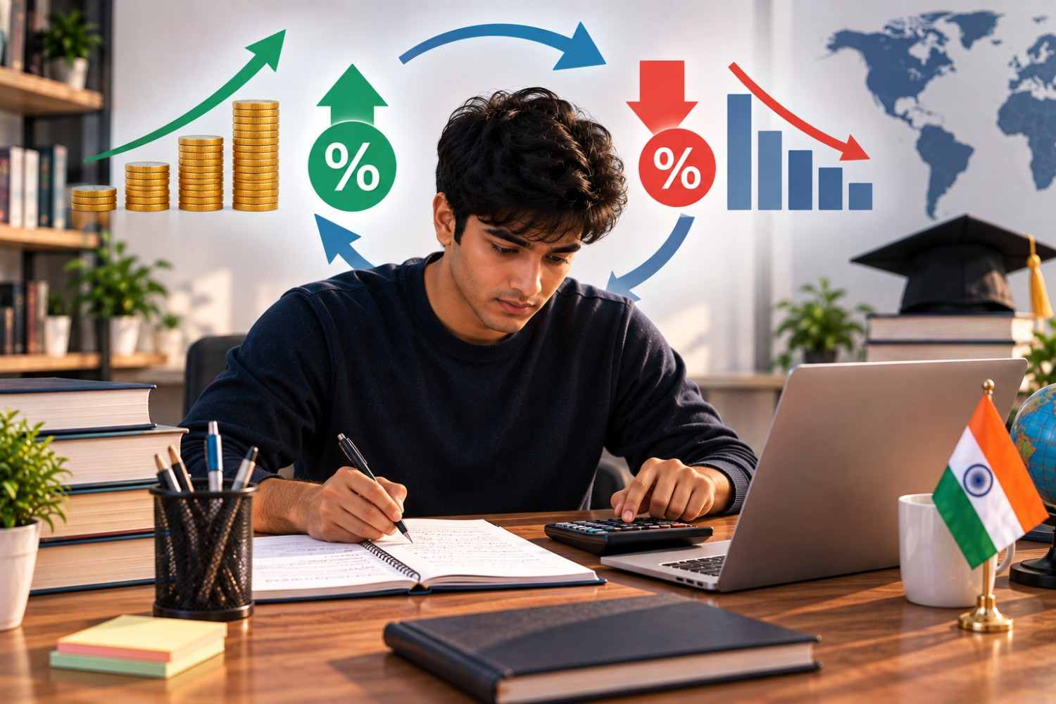 Indian student preparing for GMAT percentage questions at a desk with a calculator, notebook, laptop, percentage symbol, study materials, globe, and Indian flag.